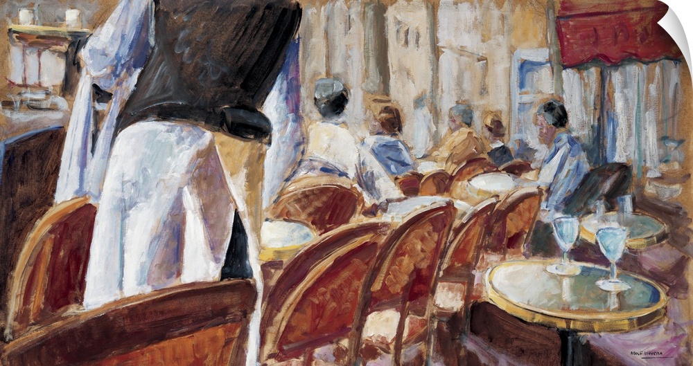 A contemporary painting of a cafe terrace and waiter.
