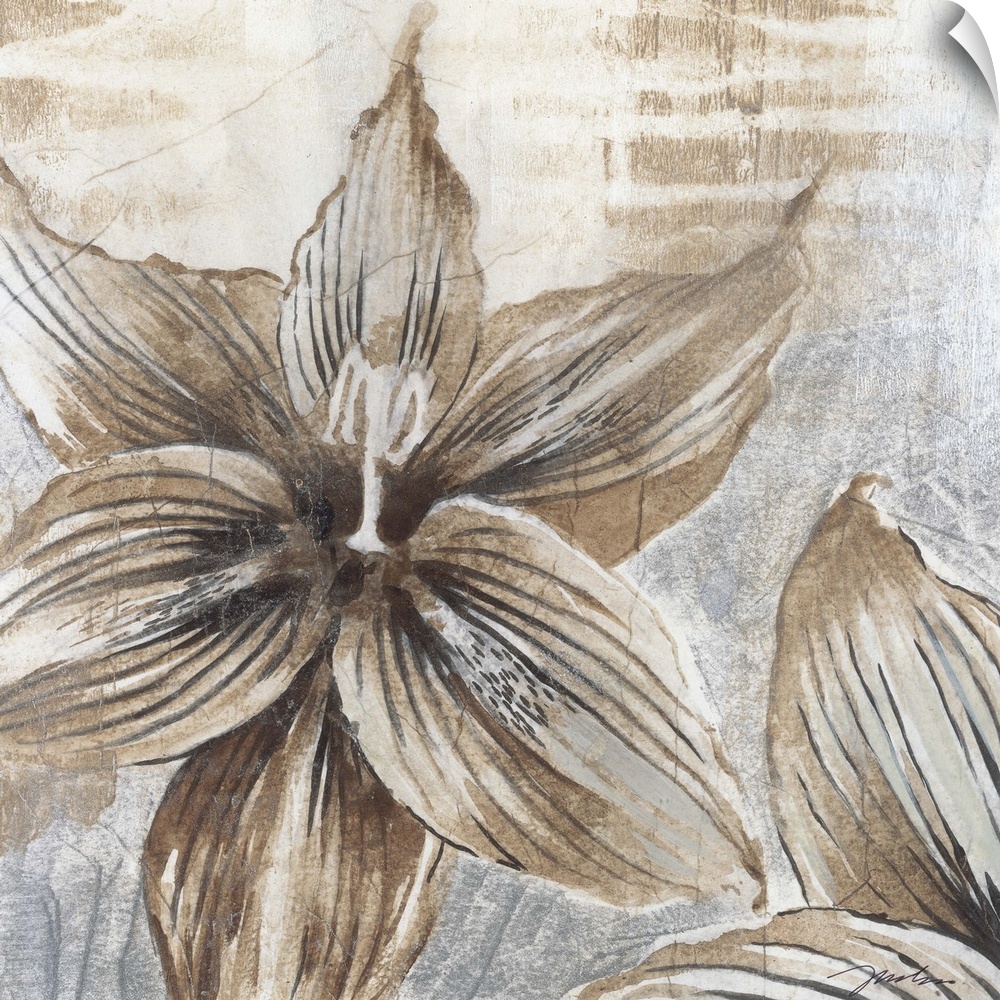 A decorative square painting of a flower in brown and gray tones with small metallic speckles throughout in the image.