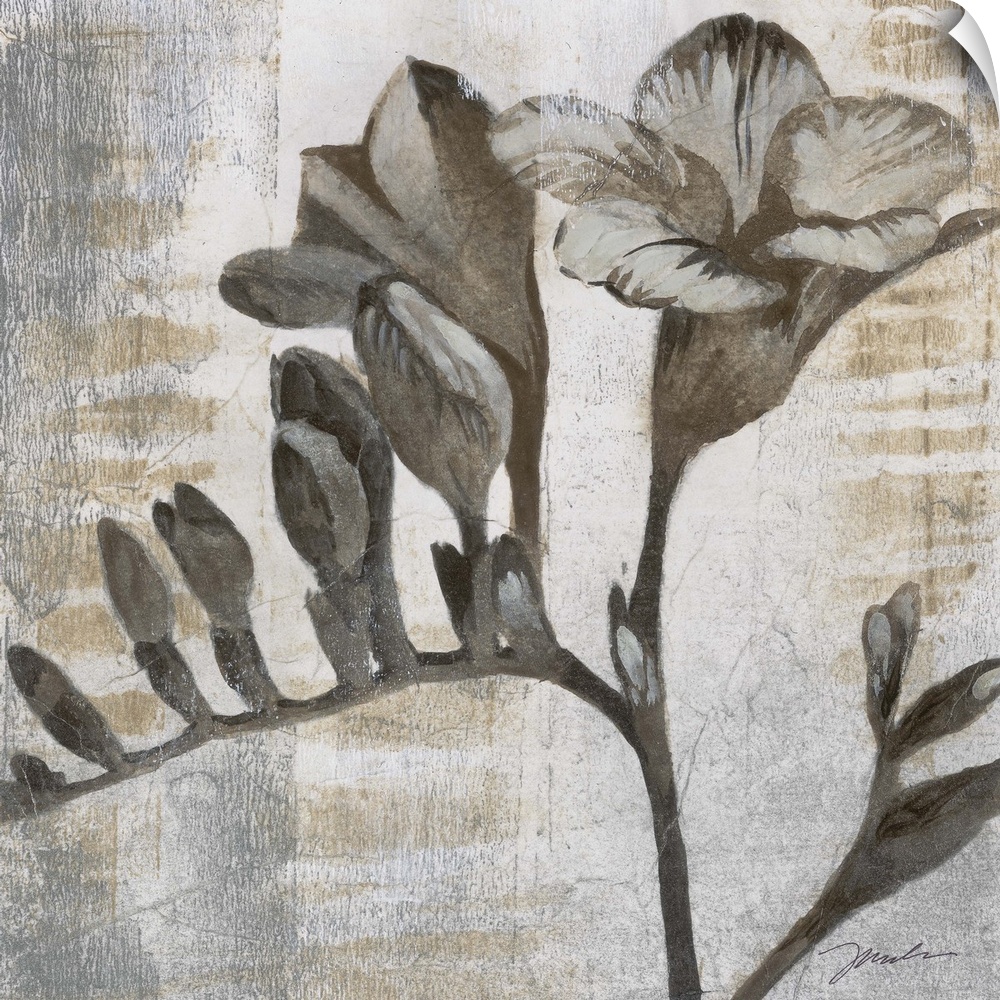 A decorative square painting of a flower in brown and gray tones with small metallic speckles throughout in the image.