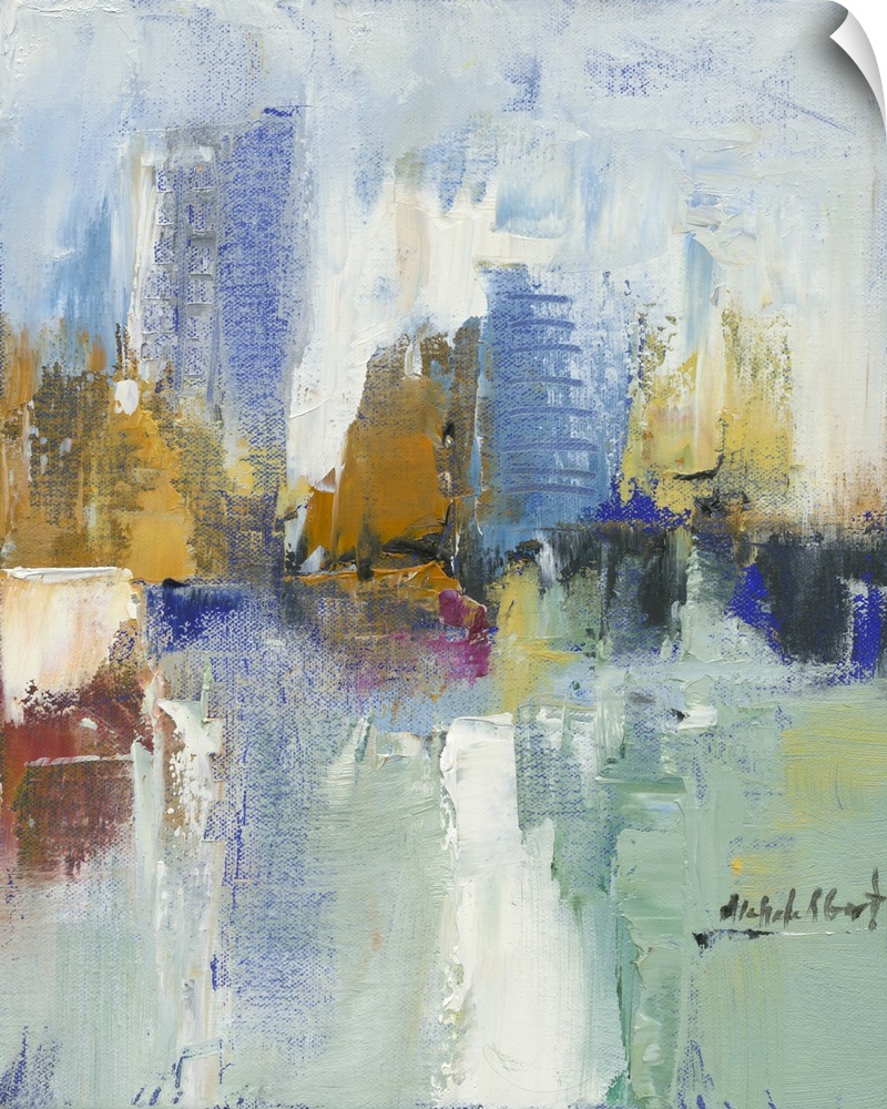 Contemporary abstract painting of a cityscape with colorful buildings and layered paint creating texture.