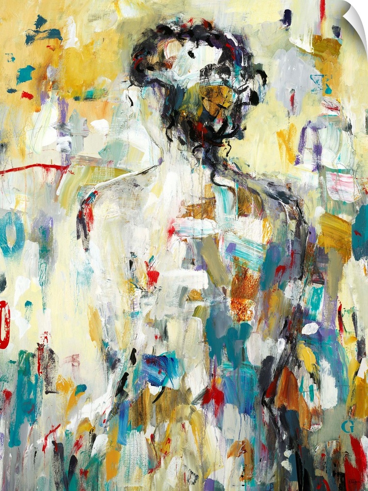 Contemporary abstract painting of the back of a woman made up of various hues layered together with small, busy brushstrokes.