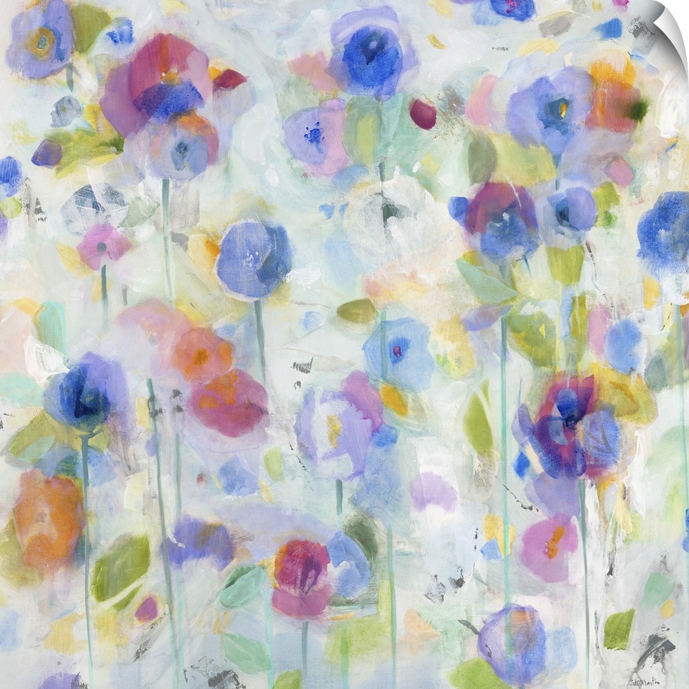 Contemporary painting of pink and purple garden flowers.