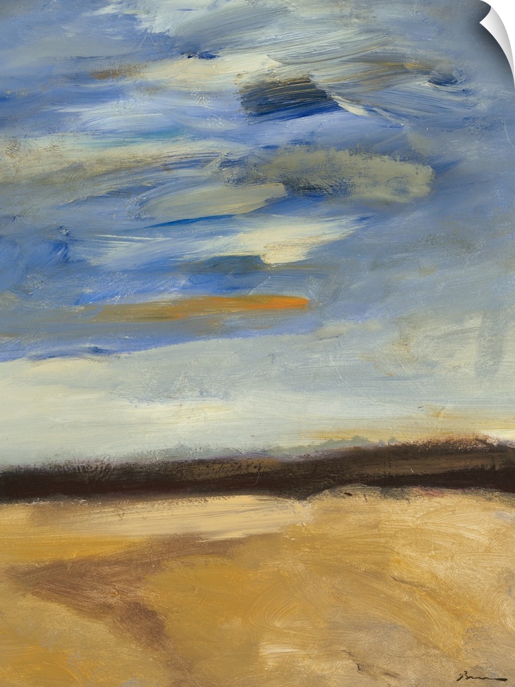 Contemporary abstract painting of a plains landscape under a blue cloudy sky.