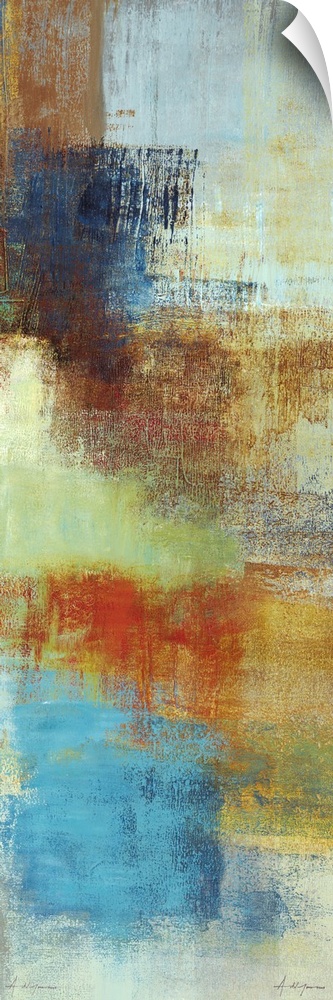 Tall abstract painting with patches of color and sponge textures.