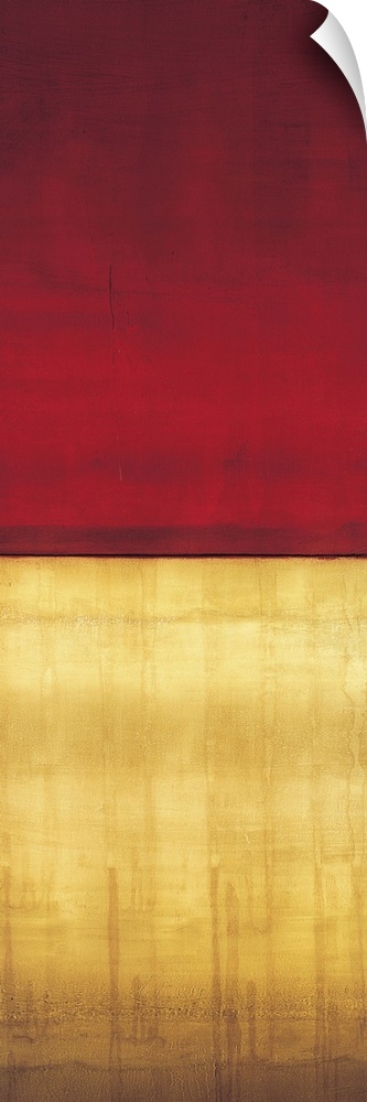 Contemporary color field painting using golden yellow tones meeting a dark red tone in the center of the image.