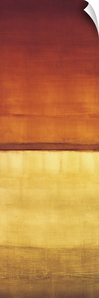 Contemporary color field painting using golden yellow tones meeting dark orange tones in the center of the image.