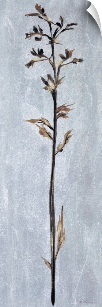 Contemporary painting of a tall thin flower against a pale gray almost like stone.