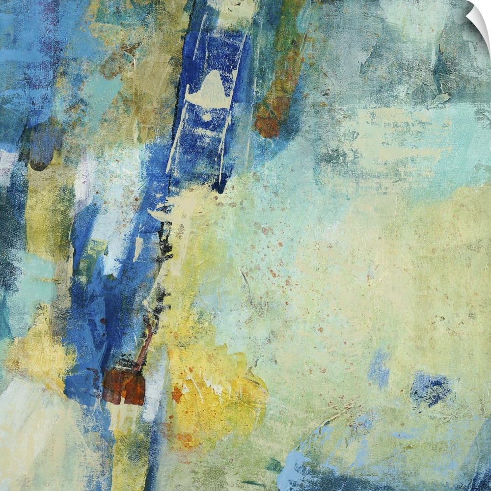 Contemporary abstract painting using mostly blue tones with patches of pale yellow.