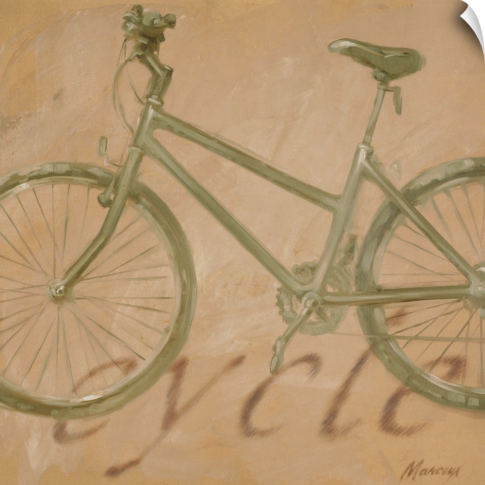 A square painting with a limited color palette of a bicycle, the wheels have been cropped out; faded text at the bottom sa...