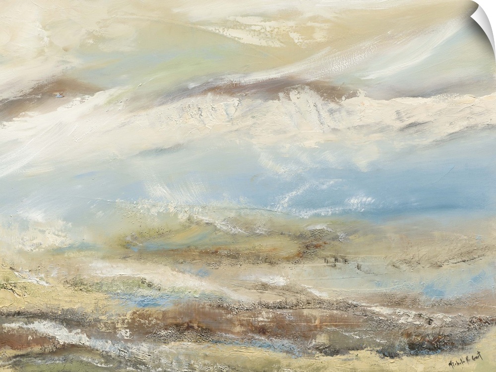 Abstract painting representing a beach landscape with earth tones and texture.