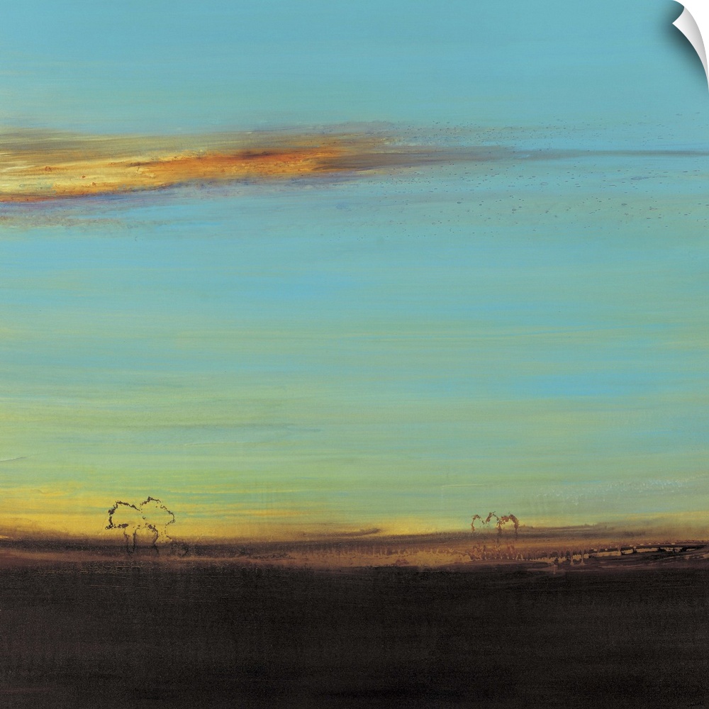 Contemporary abstract painting almost resembling an idyllic landscape at sunset.