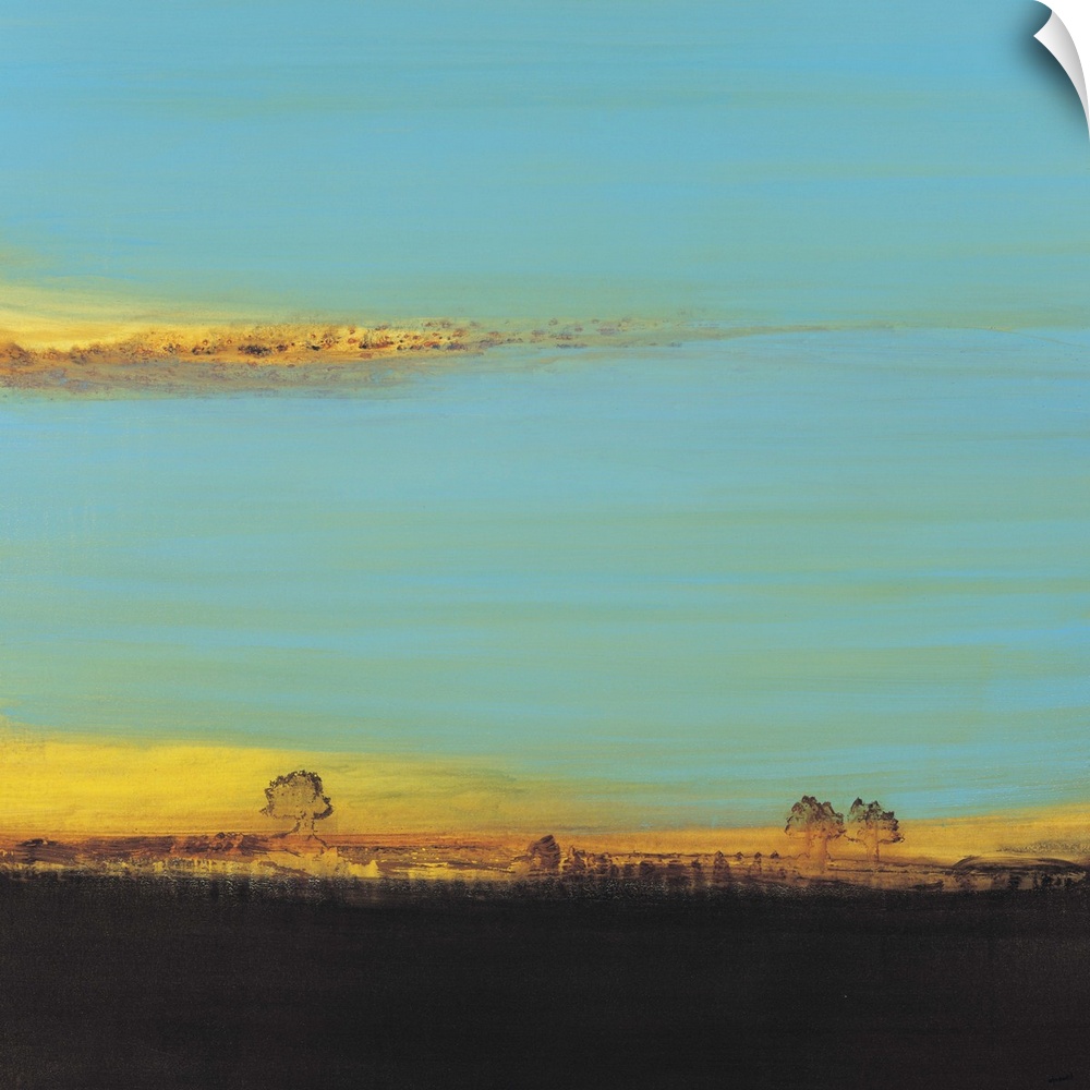Contemporary abstract painting almost resembling an idyllic landscape at sunset.