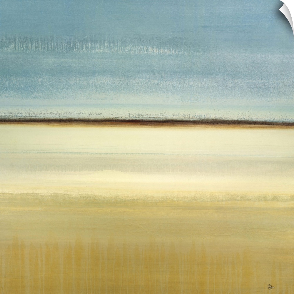 A simple contemporary piece featuring a tranquil abstract landscape with subtle cool tones and a dark horizon line.