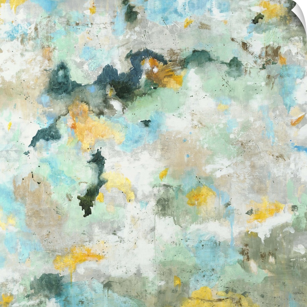 A contemporary abstract painting using aqua and yellow tones.