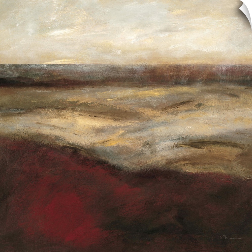 A contemporary painting using neutral and earth tones to convey an abstract landscape.