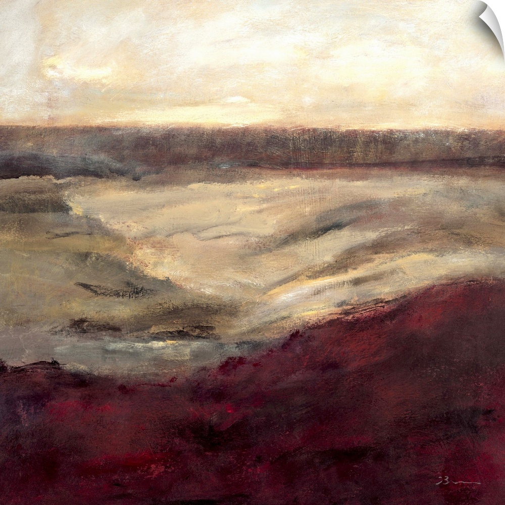 Contemporary abstract painting using warm tones resembling a landscape.