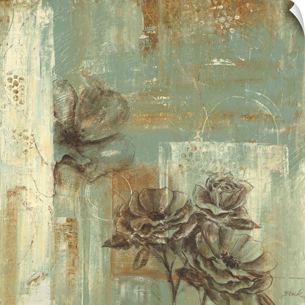 Contemporary floral painting using geometric shapes and muted colors.