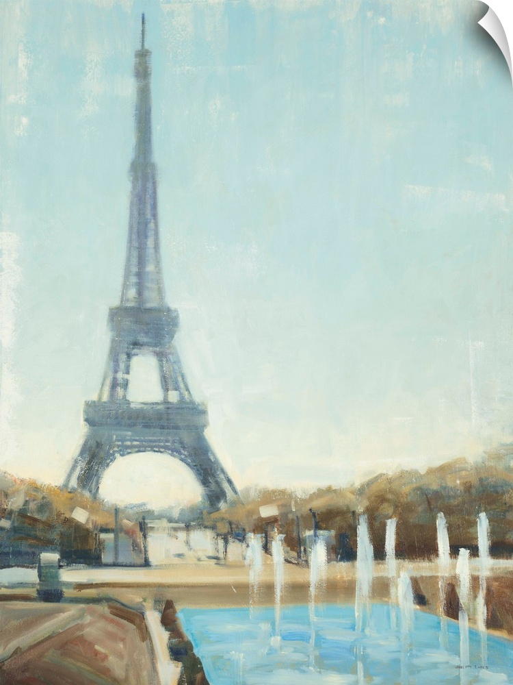 Contemporary painting of the Eiffel tower viewed from the ground level.