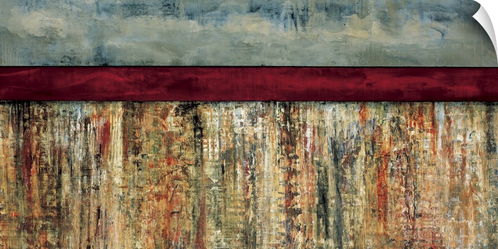 Abstract painting using earth colors in a textured color field, with a dark red horizontal stripe at the top of the image.