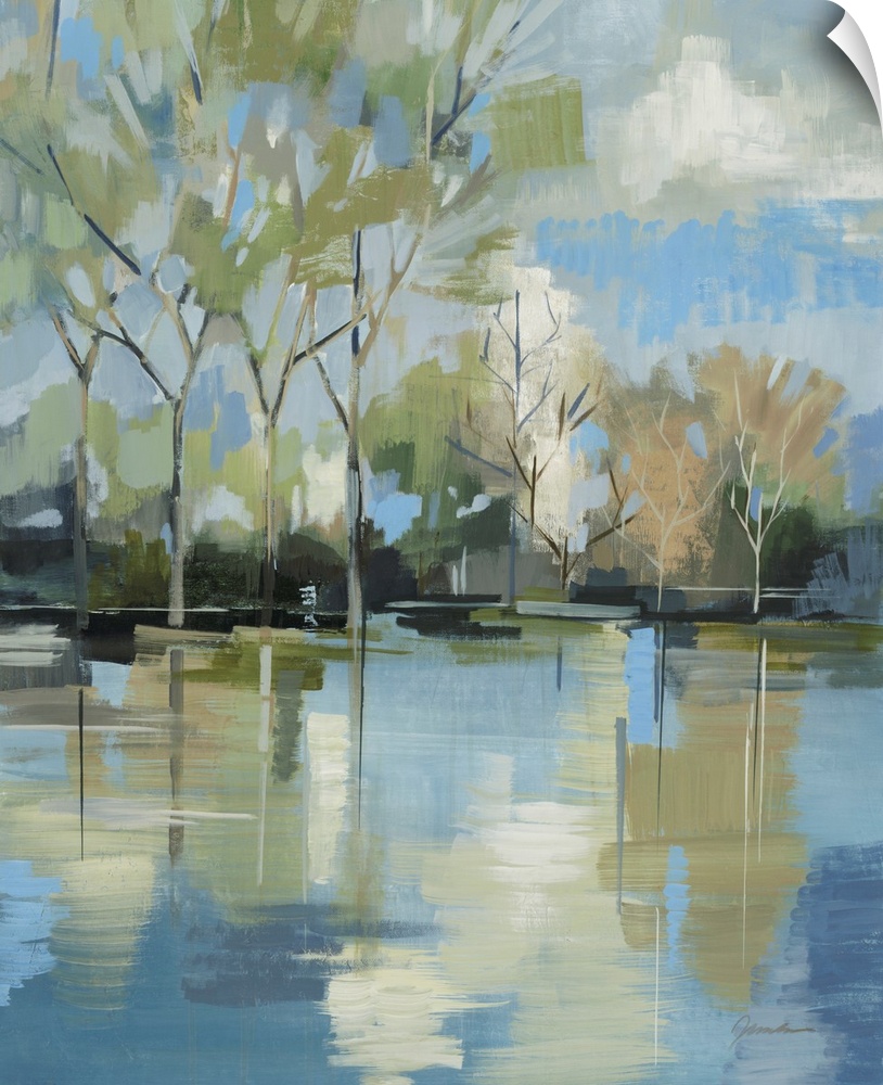 A serene contemporary painting of trees behind a lake painted in a blocky abstract style