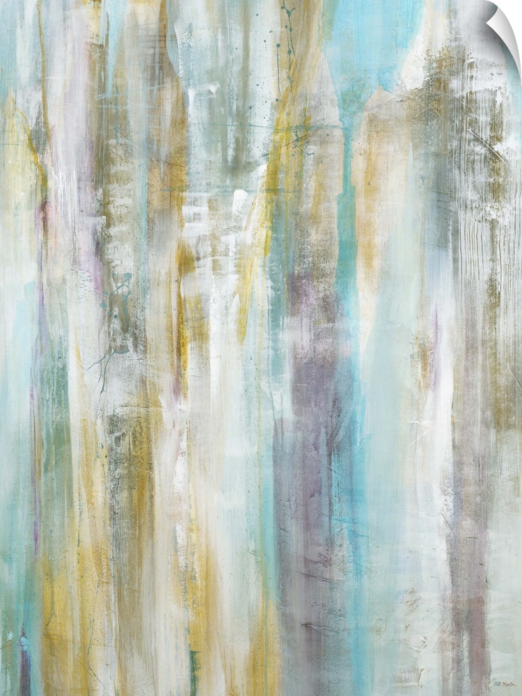 Contemporary abstract painting using pale colors in vertical lines.