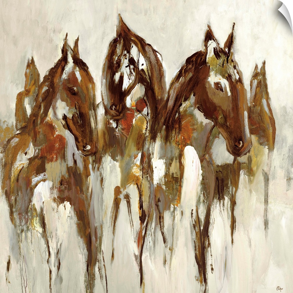 Contemporary abstract painting of a horse figures.