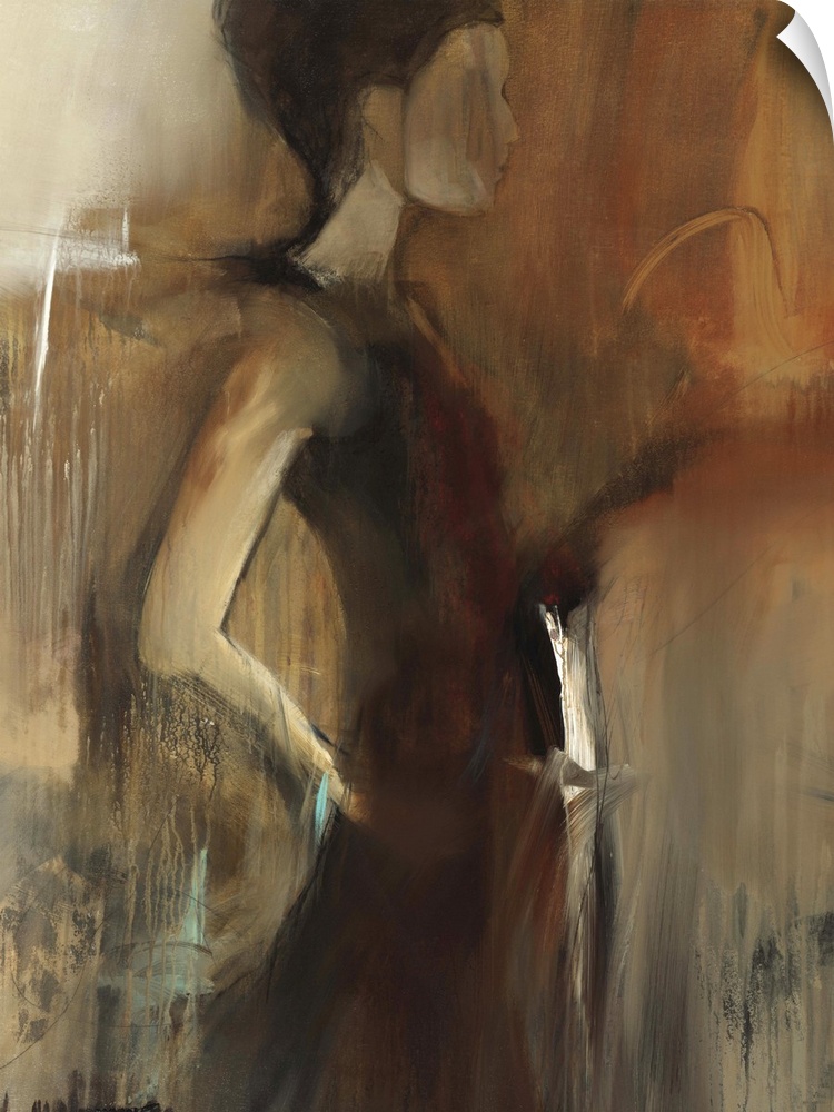 Contemporary painting of woman in a dress facing the right, against an earth toned background.