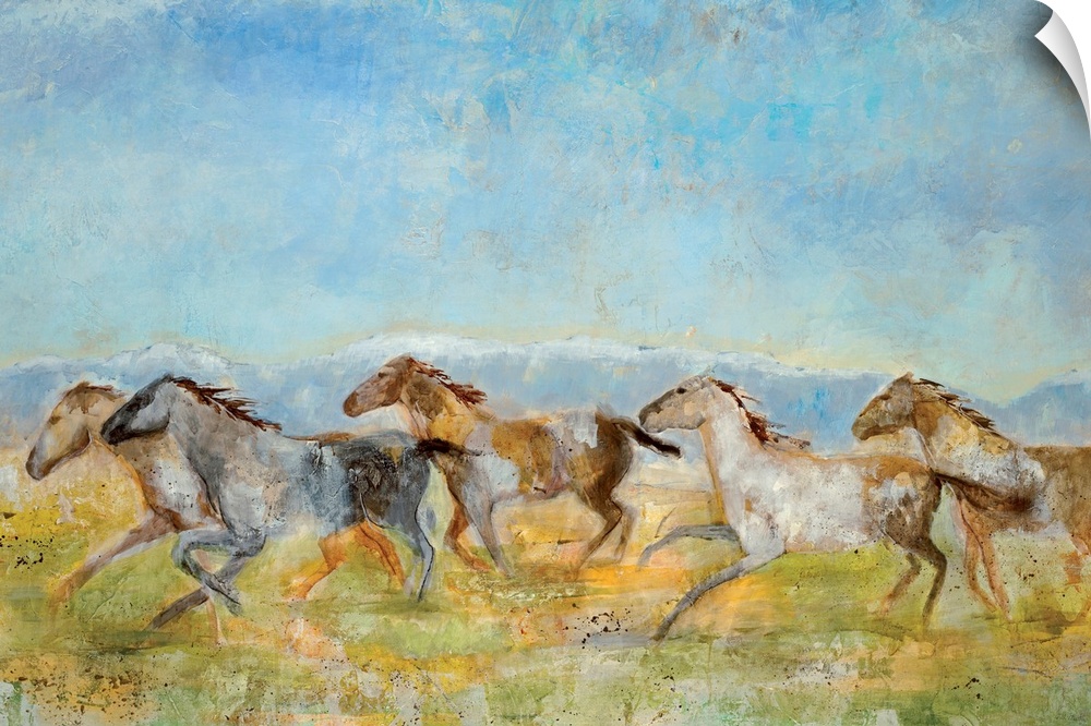A landscape painting of wild horses running across the plains; the horses have been painted with a sense of movement and a...