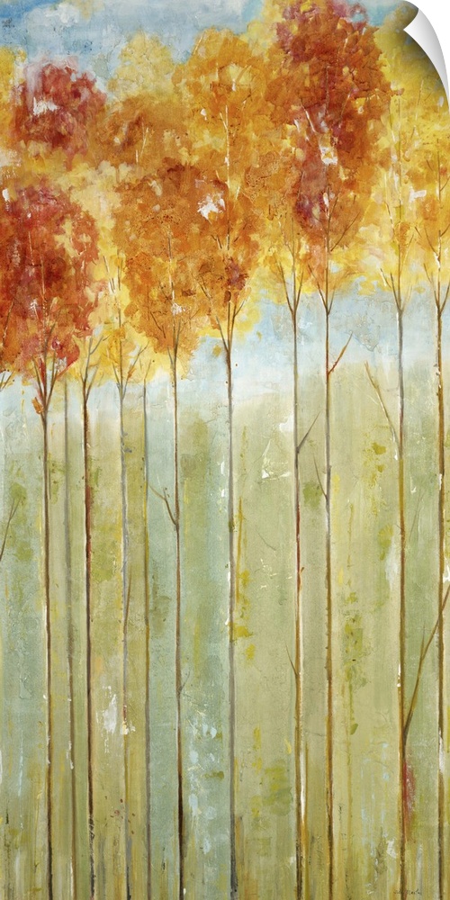 A contemporary painting of tall trees on thin trunks with autumn foliage.