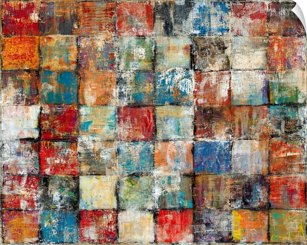 Contemporary abstract painting of distressed multicolored squares lined up in a grid pattern.