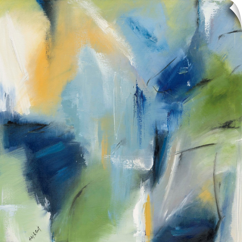 Square blue, green, and yellow abstract painting with black and white brushstrokes on top creating movement.
