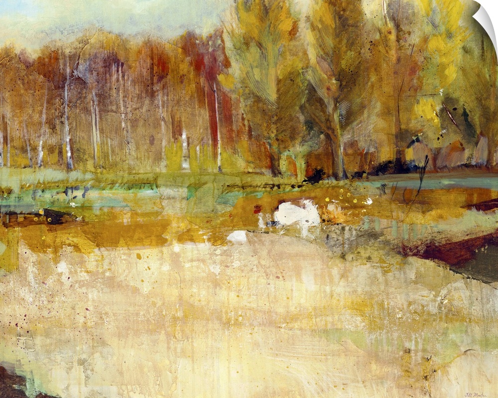 Contemporary landscape painting looking at a line of trees in fall foliage.