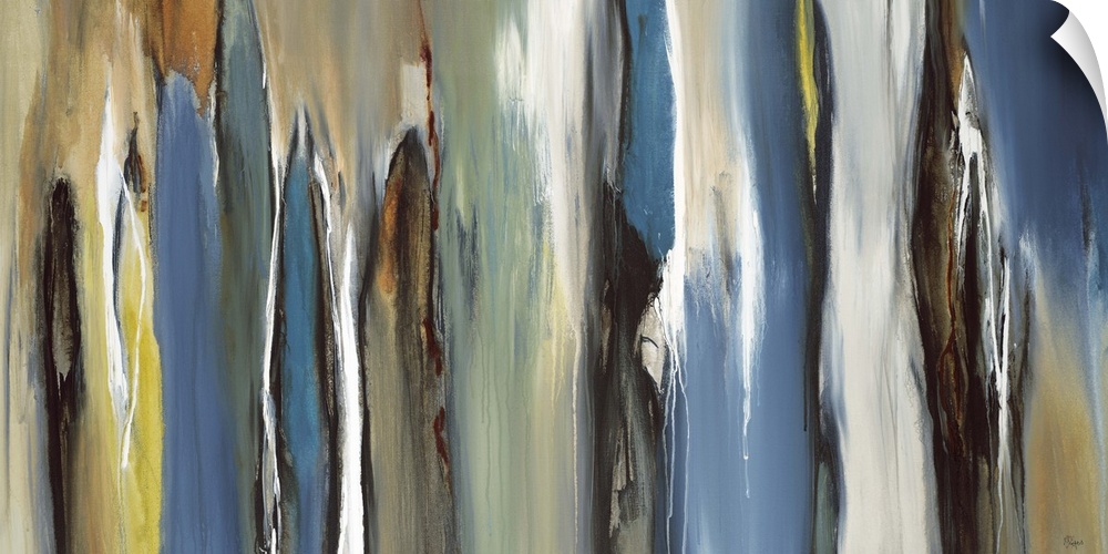 Abstract painting using dark blues and earthy tones in vertical movements.