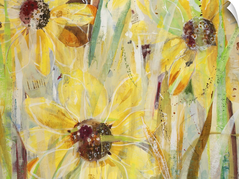 A contemporary painting of a close view of yellow flowers.