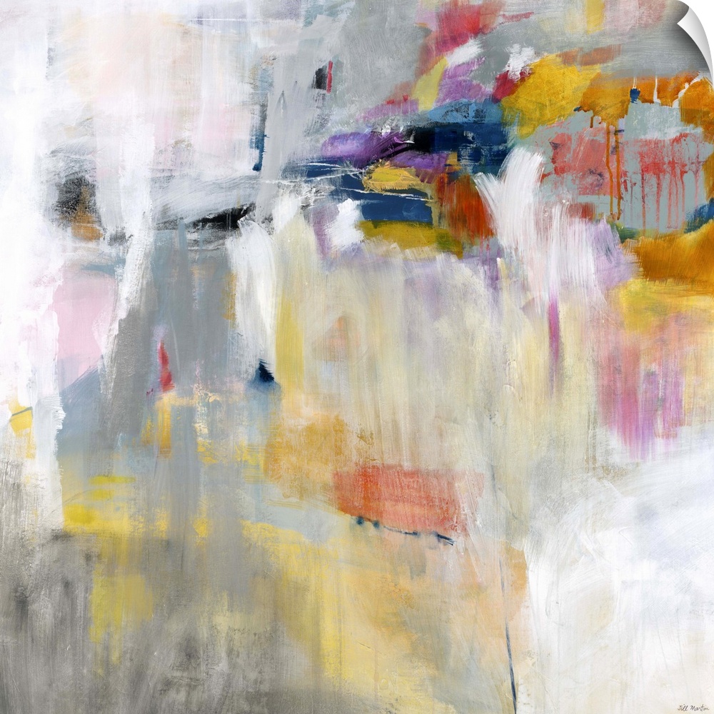 Contemporary abstract painting using tones of orange blue and pink against a multi-toned gray background.