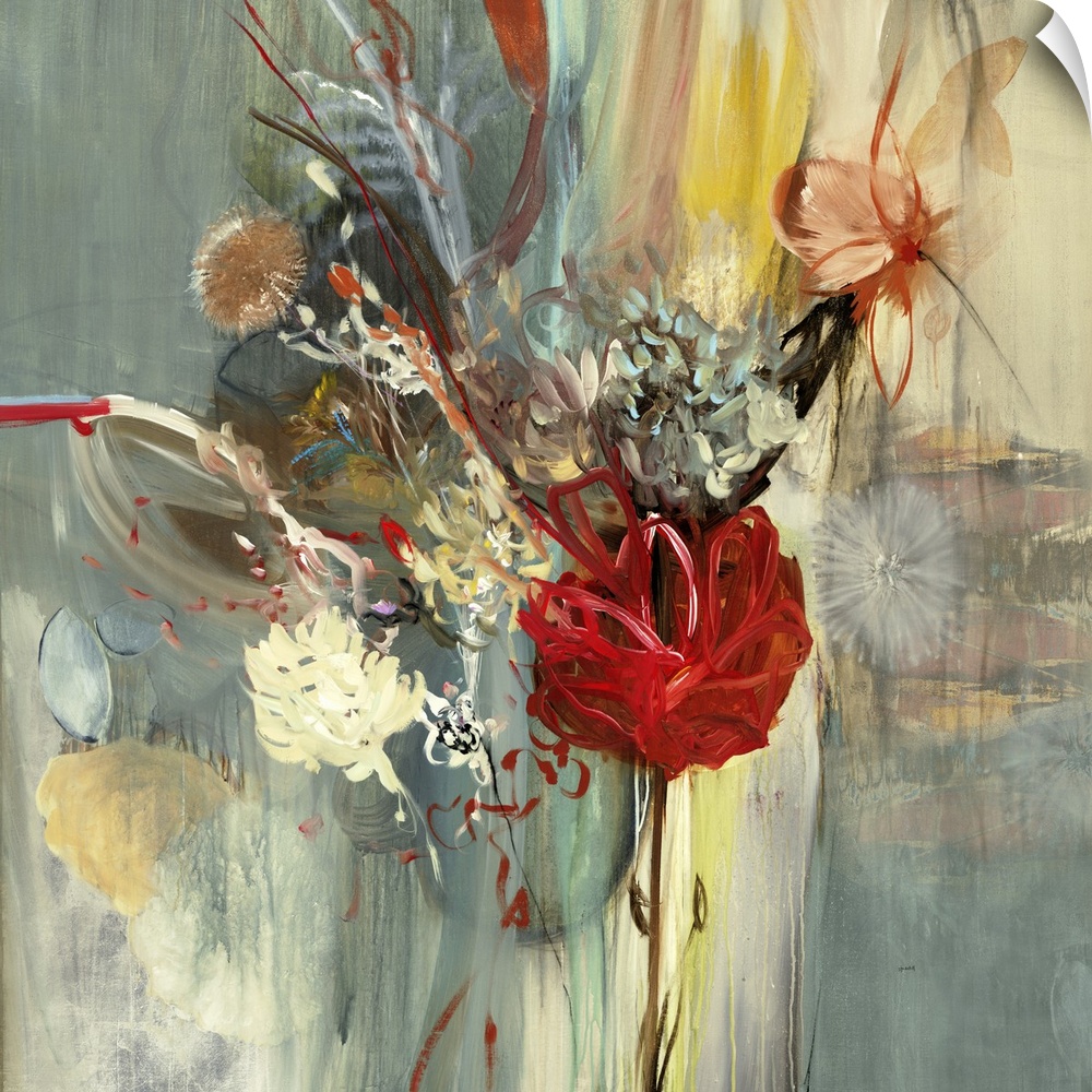 Contemporary abstract floral painting of an arrangement of different flowers.