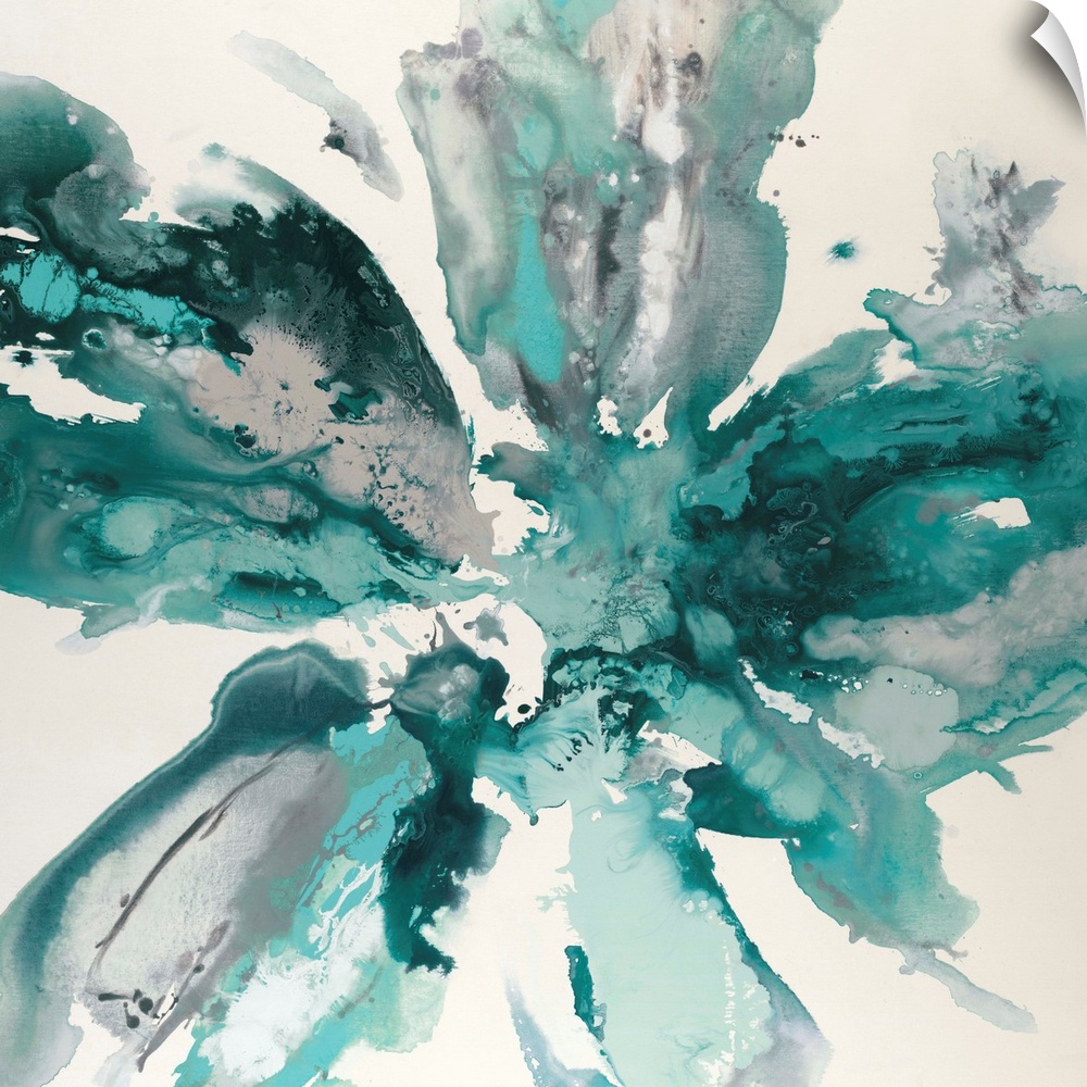 Square abstract artwork with gray and teal hues marbling together in the shape of a flower on a white background.