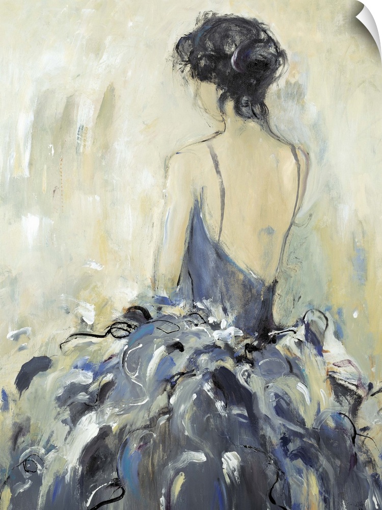 Contemporary painting of a woman with back turned to viewer wearing an elegant dress.