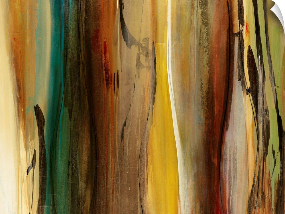 Warm-toned abstract painting featuring flowing areas of color and smooth brushstrokes moving downwards on the canvas.