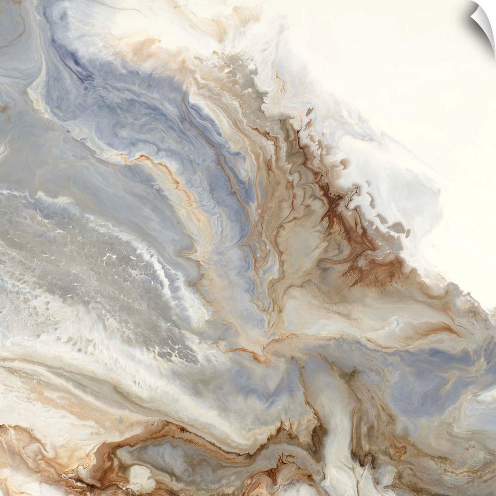 Gray, silver, cream, and gold hues marbling together on a square canvas.