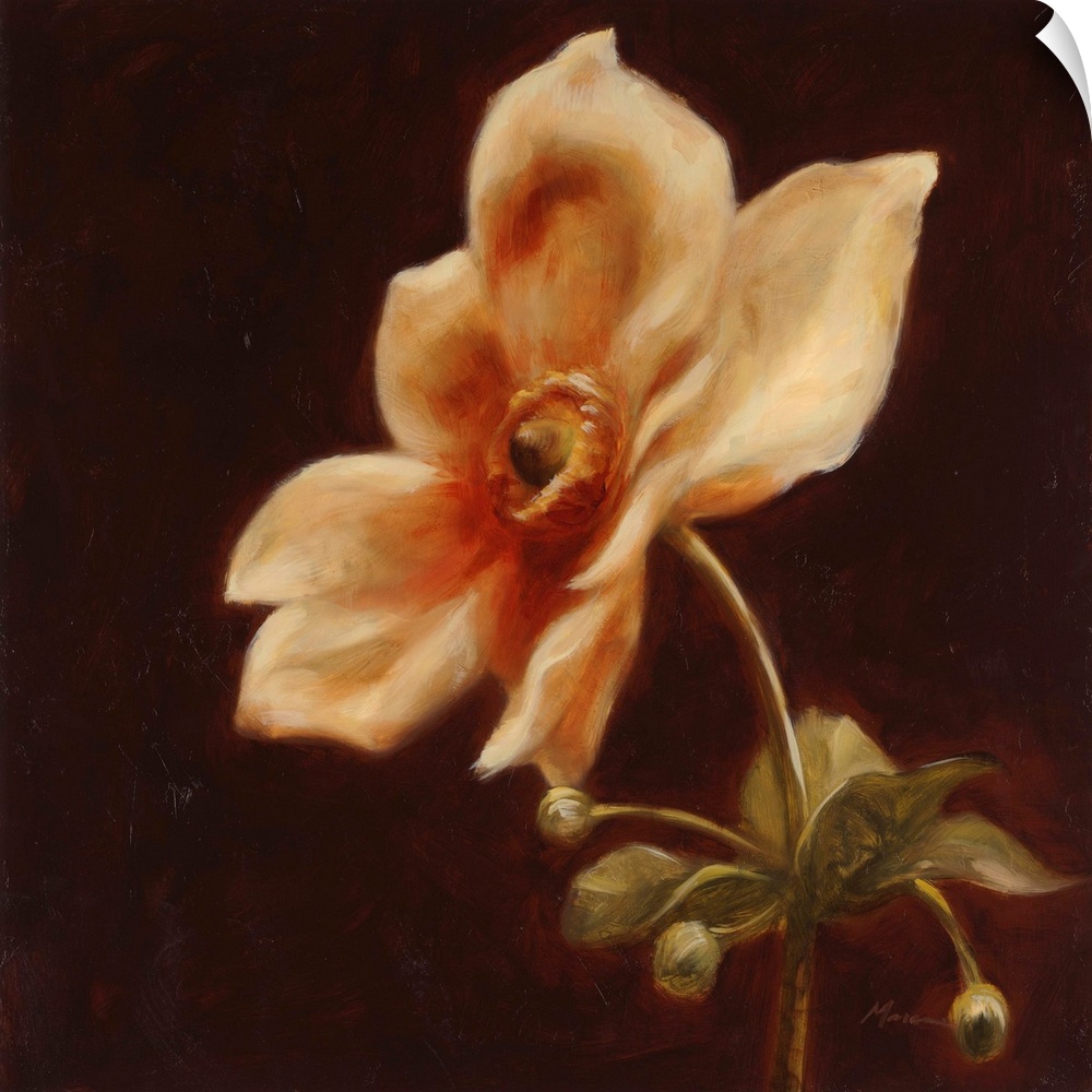 A square contemporary painting of a large dahlia bloom in shades of orange.