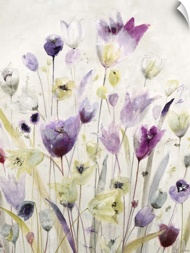 Contemporary painting of pink and purple garden flowers.