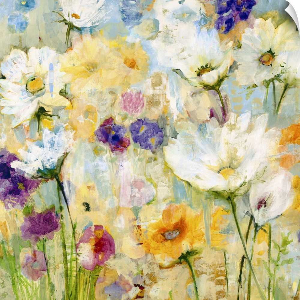 A painting of garden flowers in shades of yellow, orange and purple.