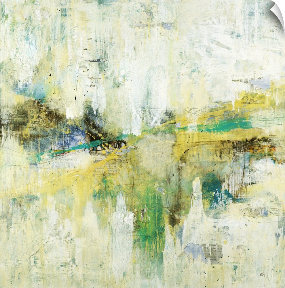 A colorful abstract painting of green, yellow and blue with thin black speckles throughout.