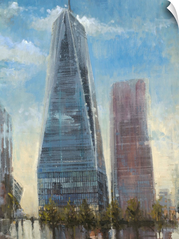 Contemporary painting of the Freedom Tower in New York City with a washed out look.