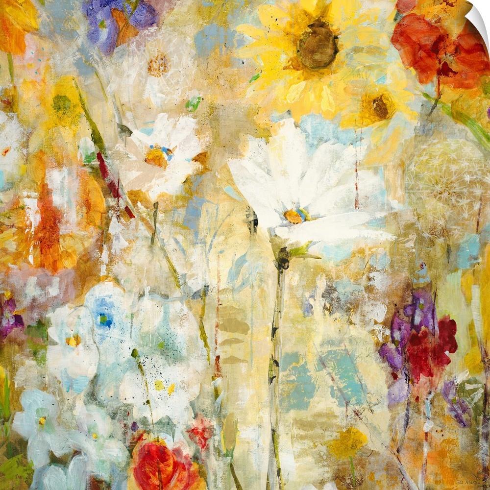 Big contemporary floral art shows a wide assortment of flowers including sunflowers and dandelions that are represented th...