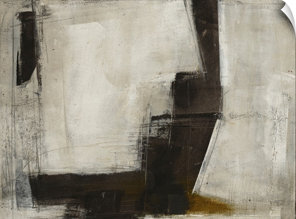 A bold, masculine abstract painting in moody neutrals with angular shapes, accented by charcoal scribbles
