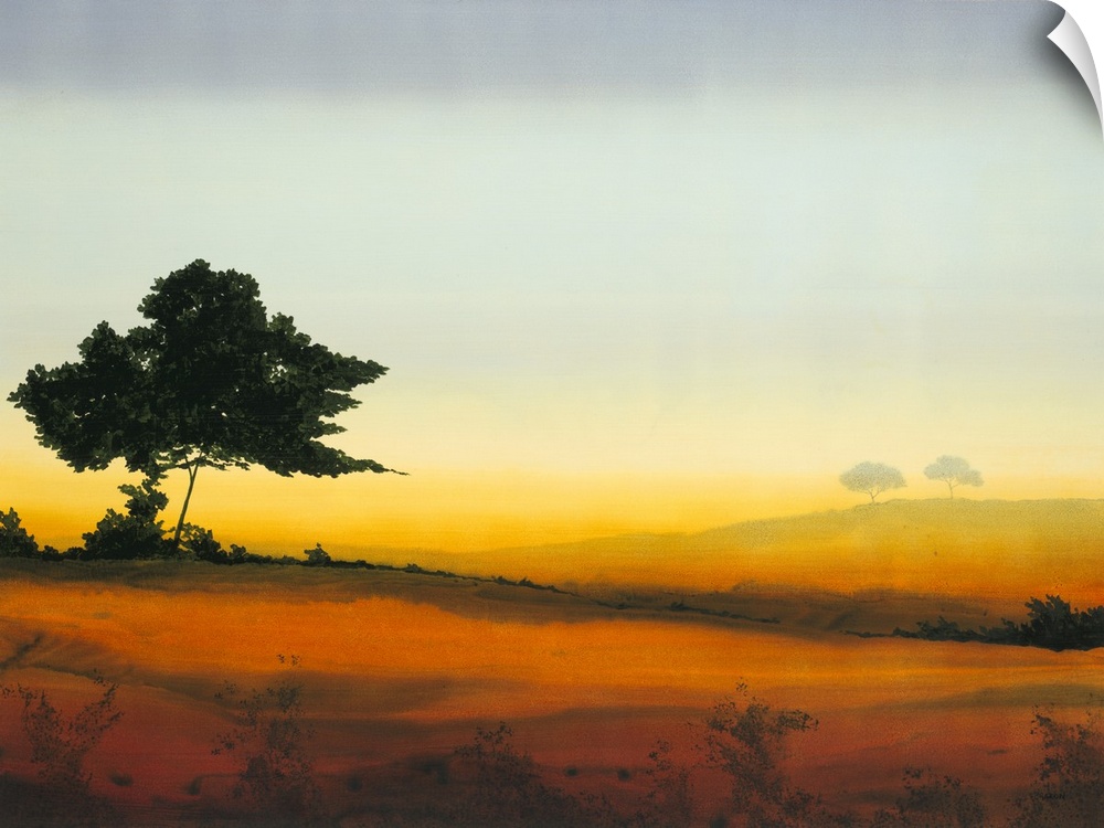 Warm tree landscape painting with orange and yellow hues at the bottom and a blue gradient at the top.