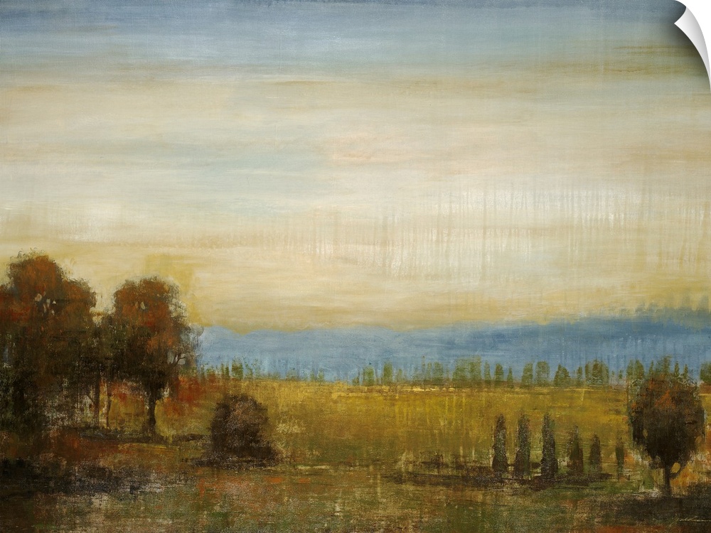 Painting on canvas of a field with a bunch of trees and a rolling hill in the distance.
