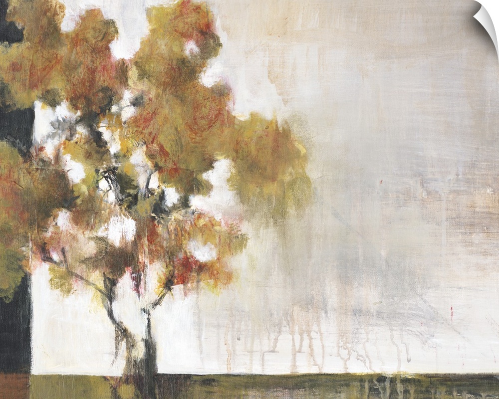 Contemporary painting of a lone tree using earth tones and weathered textures.